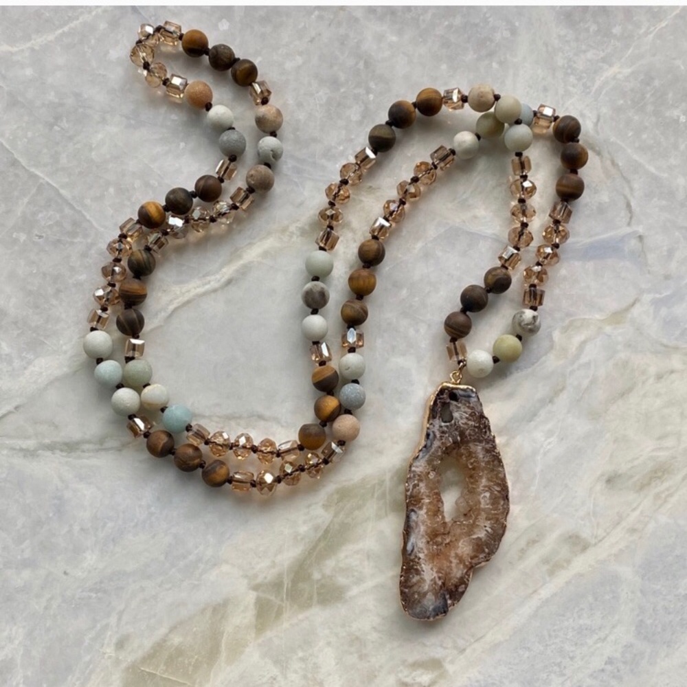 Long Boho Geode Pendant Jasper Bead Necklace